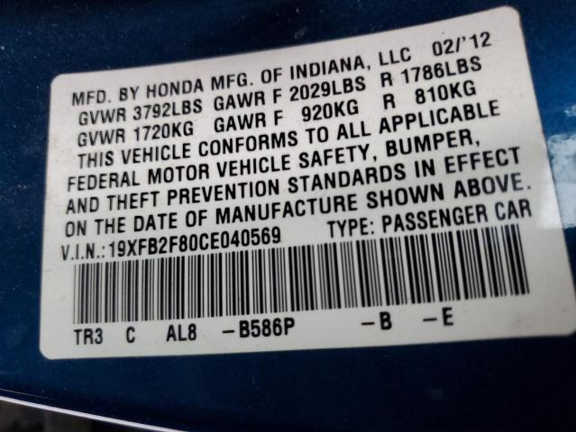Photo 10 from auction – 2012 HONDA CIVIC EX with VIN 19XFB2F80CE040569