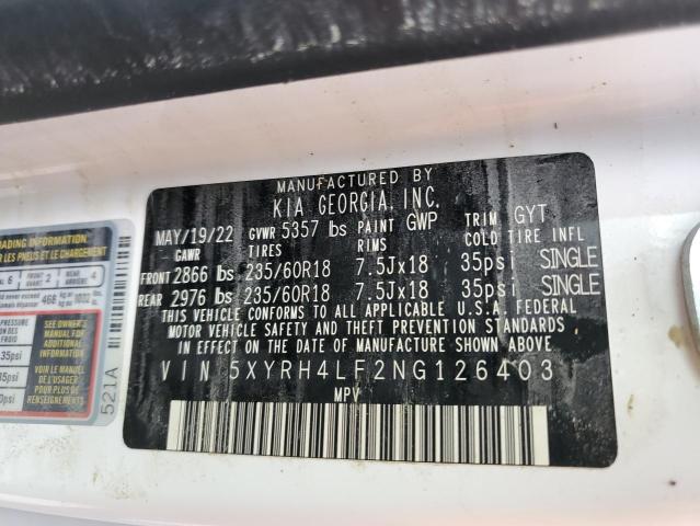 Photo 10 from auction – 2022 KIA SORENTO EX with VIN 5XYRH4LF2NG126403