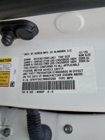 Photo 10 from auction – 2021 HONDA PILOT SE with VIN 5FNYF5H27MB023268