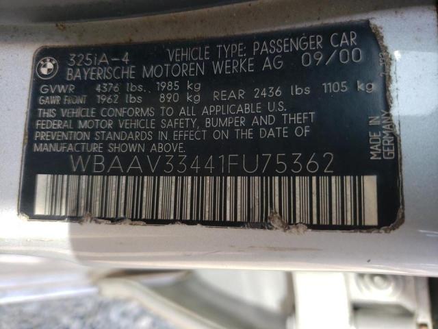 Photo 10 from auction – 2001 BMW 325 I with VIN WBAAV33441FU75362