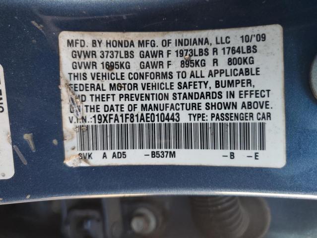 Photo 10 from auction – 2010 HONDA CIVIC EX with VIN 19XFA1F81AE010443