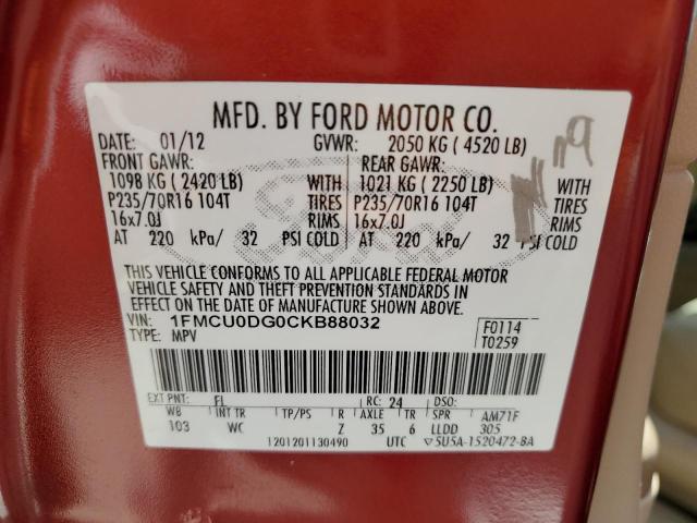 Photo 10 from auction – 2012 FORD ESCAPE XLT with VIN 1FMCU0DG0CKB88032