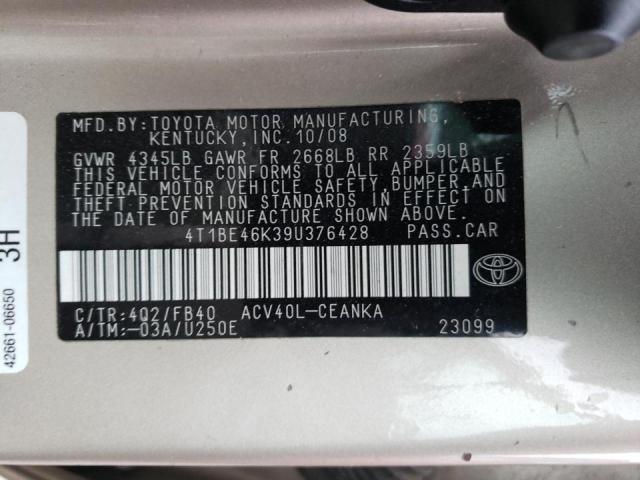 Photo 10 from auction – 2009 TOYOTA CAMRY BASE with VIN 4T1BE46K39U376428