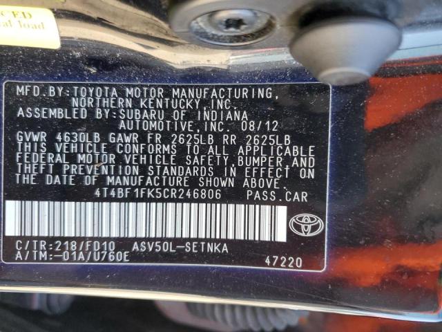 Photo 10 from auction – 2012 TOYOTA CAMRY BASE with VIN 4T4BF1FK5CR246806