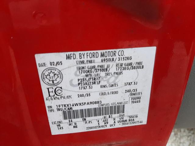 Photo 10 from auction – 2005 FORD F150 with VIN 1FTRX14WX5FA90883