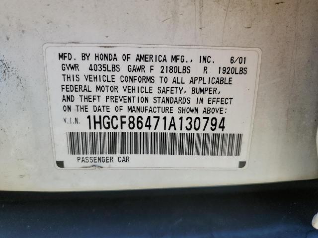 Photo 10 from auction – 2001 HONDA ACCORD DX with VIN 1HGCF86471A130794