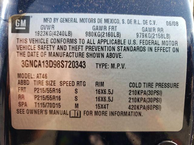 Photo 10 from auction – 2008 CHEVROLET HHR LS with VIN 3GNCA13D98S720343