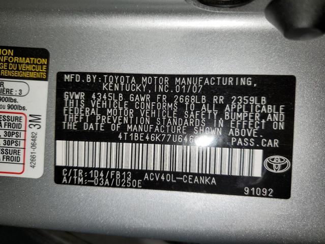 Photo 10 from auction – 2007 TOYOTA CAMRY CE with VIN 4T1BE46K77U646807