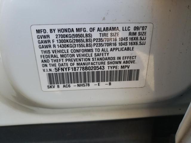 Photo 10 from auction – 2008 HONDA PILOT EXL with VIN 5FNYF18778B020543