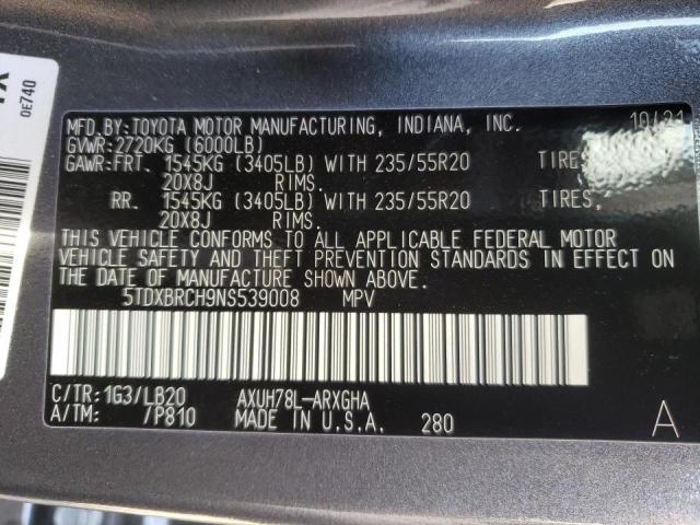 Photo 10 from auction – 2022 TOYOTA HIGHLANDER with VIN 5TDXBRCH9NS539008