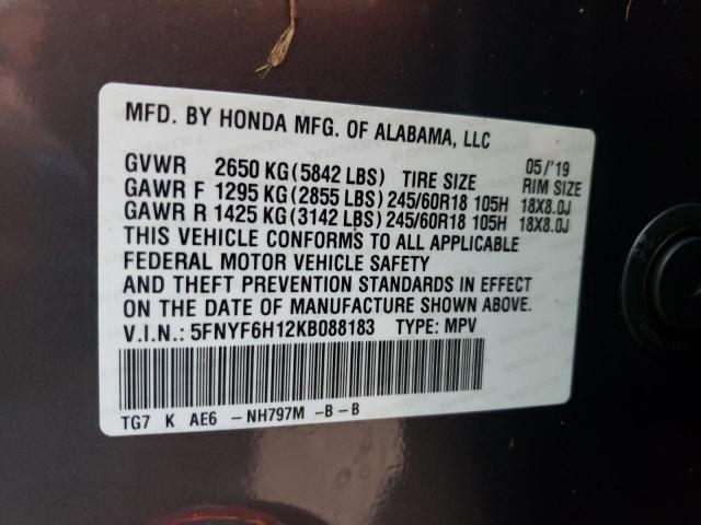 Photo 10 from auction – 2019 HONDA PILOT LX with VIN 5FNYF6H12KB088183
