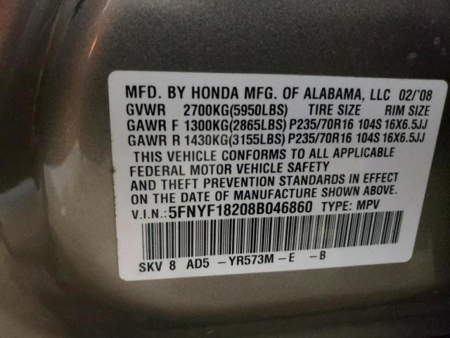 Zdjęcie 10 z aukcji – 2008 HONDA PILOT VP z VIN 5FNYF18208B046860