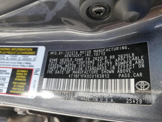 Photo 10 from auction – 2012 TOYOTA CAMRY BASE with VIN 4T1BF1FKXCU183812