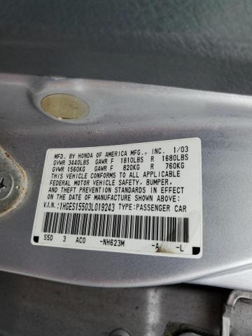 Photo 10 from auction – 2003 HONDA CIVIC LX with VIN 1HGES15503L019243