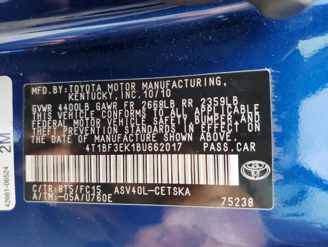 Photo 10 from auction – 2011 TOYOTA CAMRY BASE with VIN 4T1BF3EK1BU662017