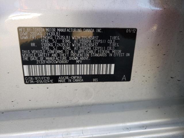 Photo 10 from auction – 2012 TOYOTA RAV4 with VIN 2T3ZF4DV2CW108087