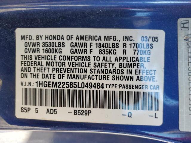 Photo 10 from auction – 2005 HONDA CIVIC LX with VIN 1HGEM22585L049484