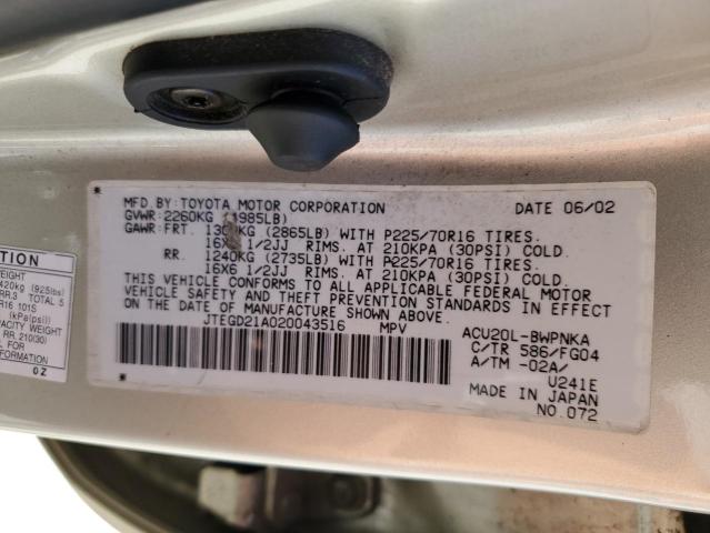Photo 10 from auction – 2002 TOYOTA HIGHLANDER with VIN JTEGD21A020043516