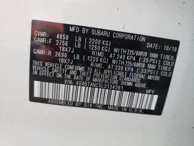 Photo 10 from auction – 2020 SUBARU OUTBACK LI with VIN 4S4BTANC5L3134381