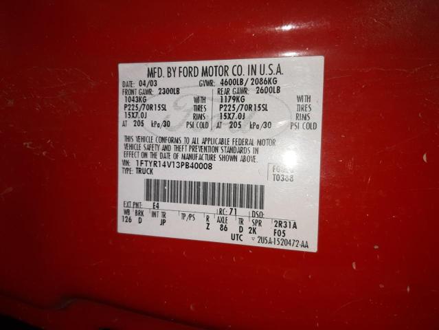 Photo 10 from auction – 2003 FORD RANGER SUP with VIN 1FTYR14V13PB40008