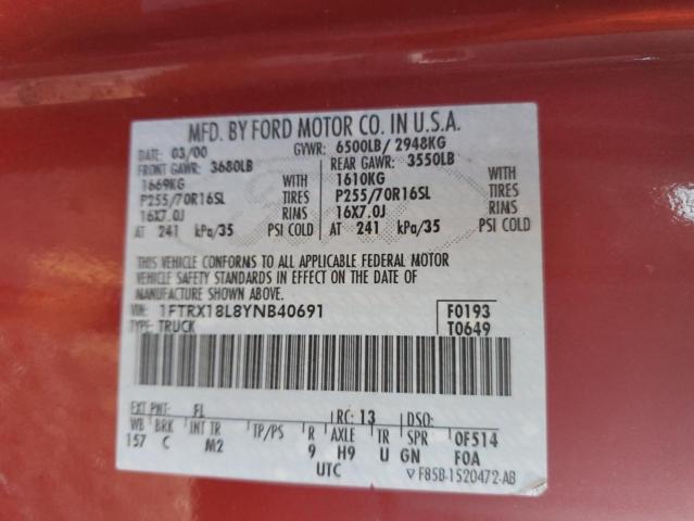 Photo 10 from auction – 2000 FORD F150 with VIN 1FTRX18L8YNB40691