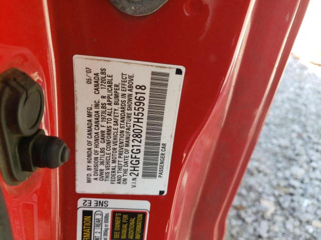 Photo 10 from auction – 2007 HONDA CIVIC EX with VIN 2HGFG12807H559618