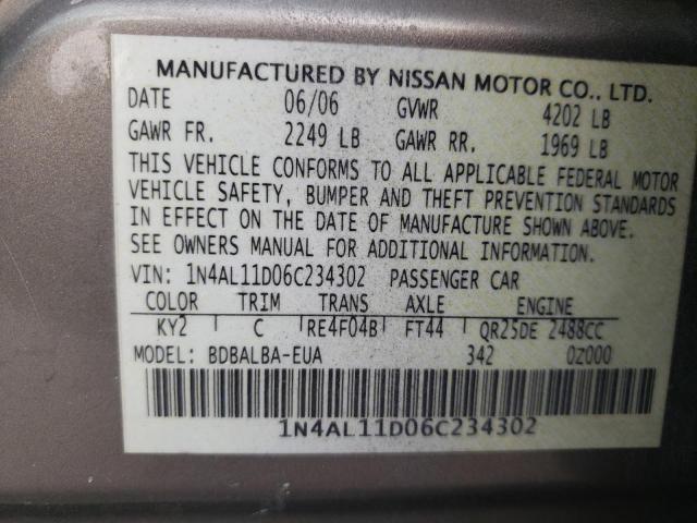 Photo 10 from auction – 2006 NISSAN ALTIMA S with VIN 1N4AL11D06C234302