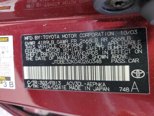 Photo 10 from auction – 2004 TOYOTA CAMRY LE with VIN JTDBE32K040260348