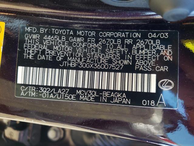 Photo 10 from auction – 2003 LEXUS ES 300 with VIN JTHBF30GX36007527