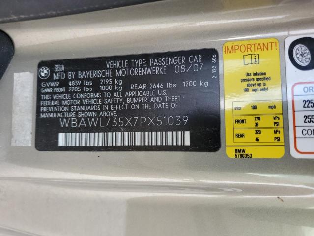 Photo 10 from auction – 2007 BMW 335 I with VIN WBAWL735X7PX51039
