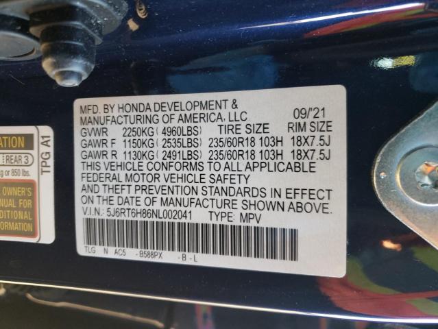 Photo 10 from auction – 2022 HONDA CR-V EXL with VIN 5J6RT6H86NL002041