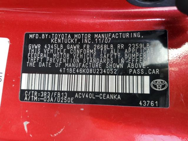 Photo 10 from auction – 2008 TOYOTA CAMRY CE with VIN 4T1BE46K08U234052