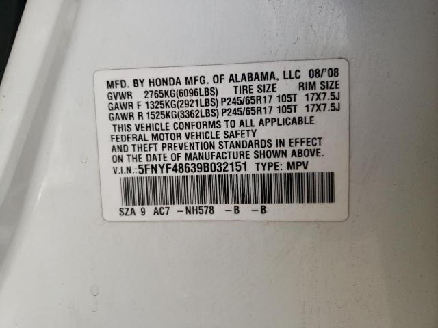 Photo 10 from auction – 2009 HONDA PILOT EXL with VIN 5FNYF48639B032151