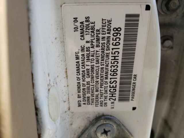 Photo 10 from auction – 2005 HONDA CIVIC LX with VIN 2HGES16635H516598