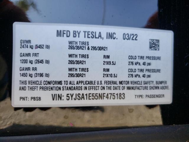 Photo 10 from auction – 2022 TESLA MODEL S with VIN 5YJSA1E55NF475183