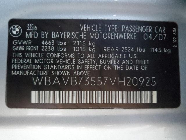Photo 10 from auction – 2007 BMW 335 I with VIN WBAVB73557VH20925