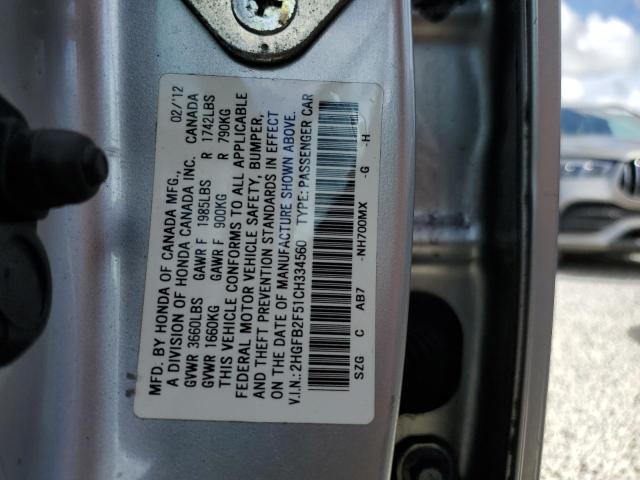 Photo 10 from auction – 2012 HONDA CIVIC LX with VIN 2HGFB2F51CH334560