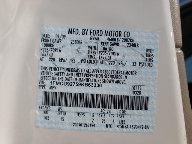 Photo 10 from auction – 2009 FORD ESCAPE XLS with VIN 1FMCU92759KB63336
