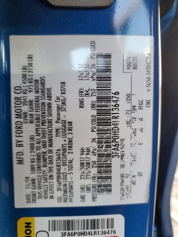 Photo 10 from auction – 2020 FORD FUSION SE with VIN 3FA6P0HD4LR136476