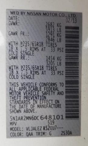 Photo 10 from auction – 2013 NISSAN PATHFINDER with VIN 5N1AR2MN6DC648101