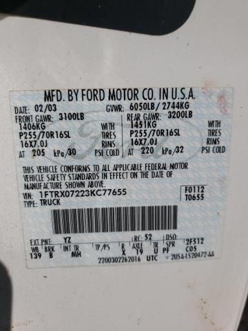 Photo 10 from auction – 2003 FORD F150 with VIN 1FTRX07223KC77655