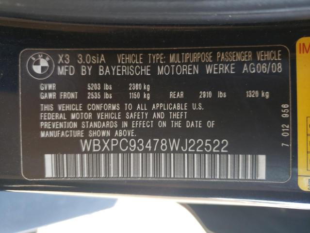 Photo 10 from auction – 2008 BMW X3 3.0SI with VIN WBXPC93478WJ22522