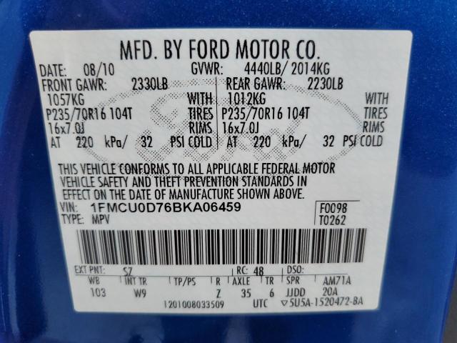 Photo 10 from auction – 2011 FORD ESCAPE XLT with VIN 1FMCU0D76BKA06459