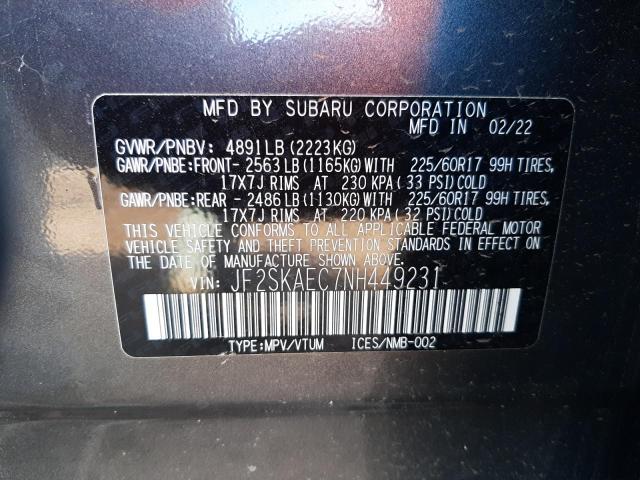 Photo 10 from auction – 2022 SUBARU FORESTER with VIN JF2SKAEC7NH449231
