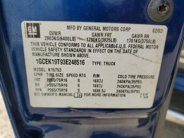 Photo 10 from auction – 2003 CHEVROLET SILVERADO with VIN 1GCEK19T93E248516
