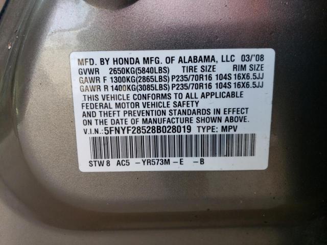 Photo 10 from auction – 2008 HONDA PILOT EXL with VIN 5FNYF28528B028019