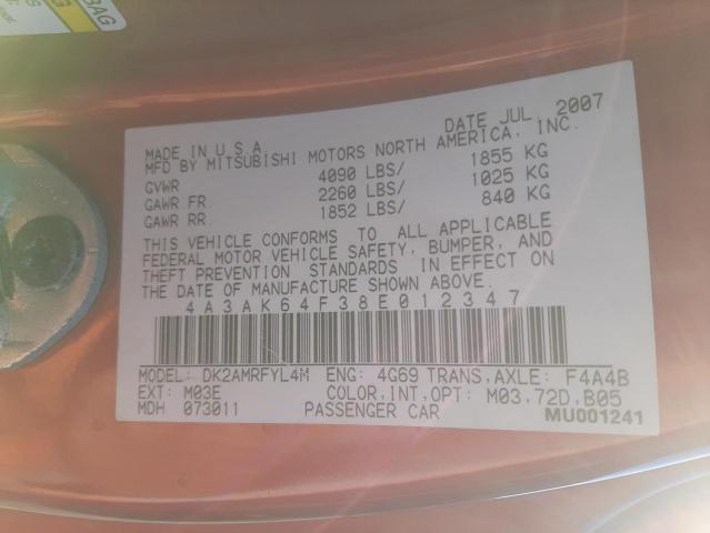 Photo 10 from auction – 2008 MITSUBISHI ECLIPSE SE with VIN 4A3AK64F38E012347