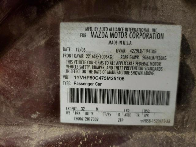 Photo 10 from auction – 2007 MAZDA 6 I with VIN 1YVHP80C475M25106