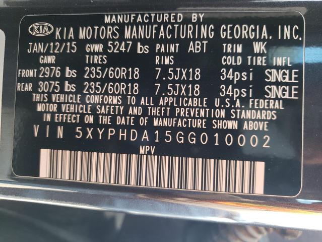 Photo 10 from auction – 2016 KIA SORENTO EX with VIN 5XYPHDA15GG010002