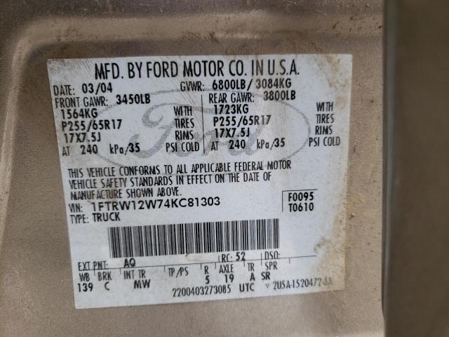 Photo 10 from auction – 2004 FORD F150 SUPER with VIN 1FTRW12W74KC81303